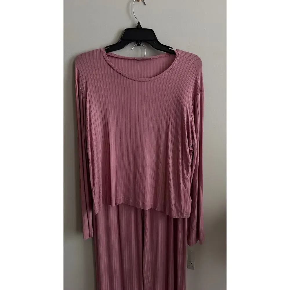 Natori Edit Skye Rib 2-Piece Lounge Set Tea Pink Top & Pants Size M Soft $68+78